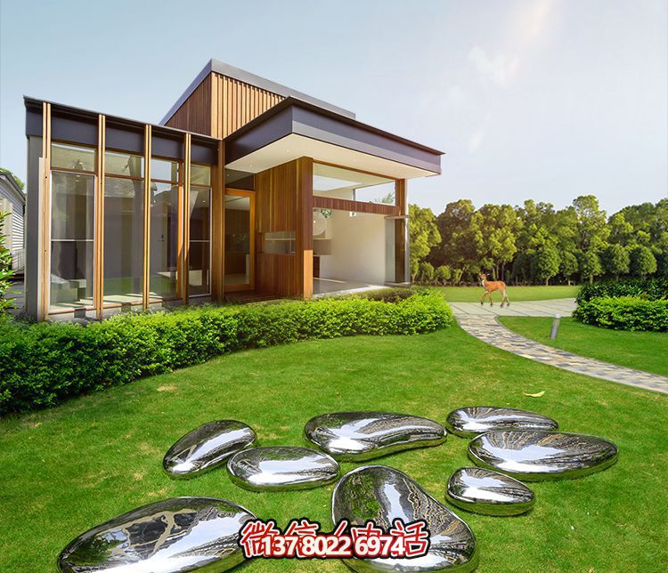 高端室內草坪裝飾，不銹鋼雕塑鏡面石頭安放