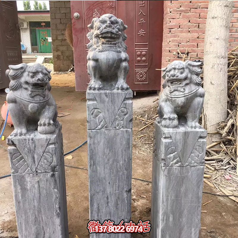 經典仿古石獅子拴馬柱擺件，點綴園林