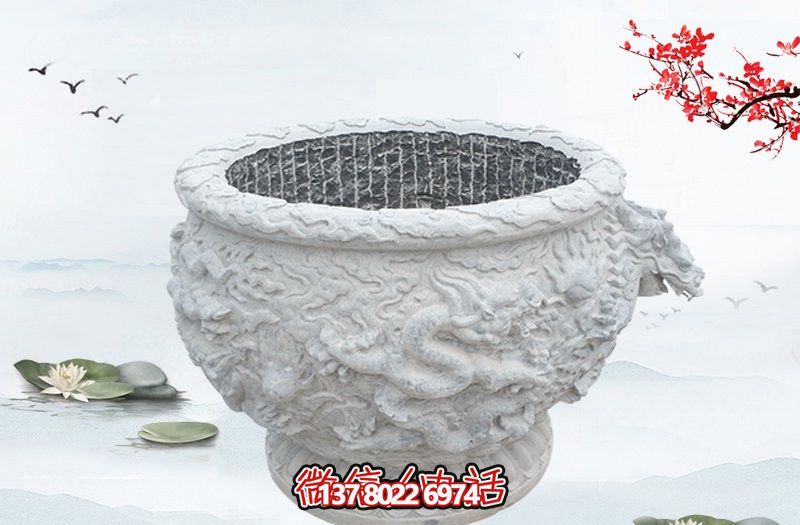 漢白玉石雕龍浮雕水缸雕塑，為庭院增添優雅氣息