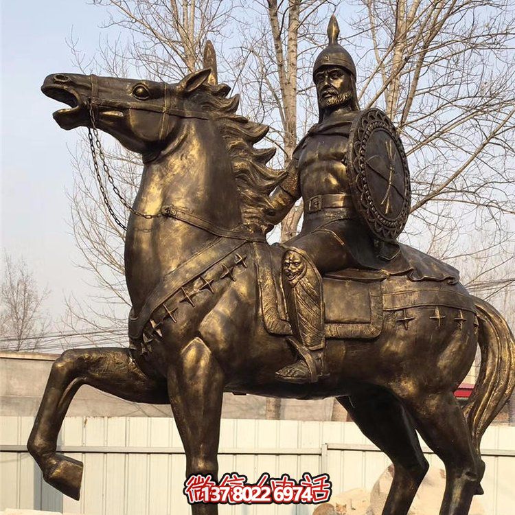 西方古代的騎馬士兵銅雕，手持盾牌騎馬身上的西方戰士