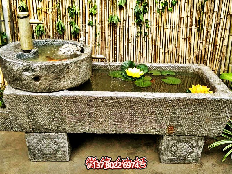 仿古石槽養(yǎng)魚花盆流水老石槽園林舊石磨盤擺件